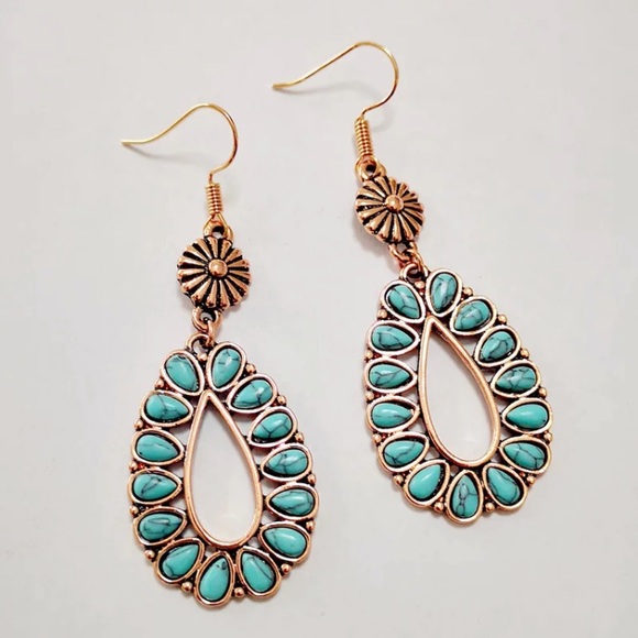 Squash blossom turquoise bronze dangly earrings - Picture 2 of 3